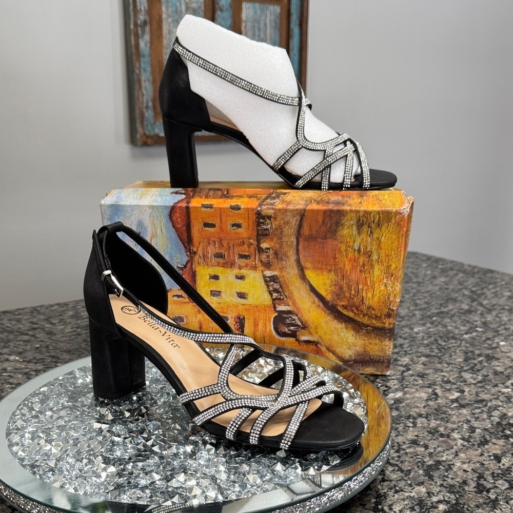 Bella Vita Black Metallic Aliette Sparling Strappy Heels NEW 9 Wide
